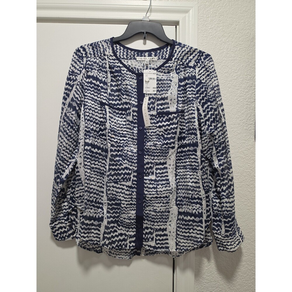 NWT Trina Turk Women's Blue White Print Button Down Blouse Sz XL